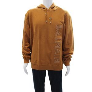 Balmain Mens Cotton Raised Logo Long Sleeve Drawstring Hoodie Brown Size M